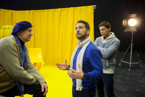 WELCOME TO SWEDEN -- "Searching For Bergman" Episode 202 -- Pictured: (l-r) Per Svensson as Bengt Wiik, Jason Priestley, Greg Poehler as Bruce Evans -- (Photo by: Frederik Hjerling/TV4 AB)