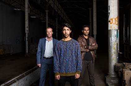 Cleverman (L-R Iain Glen as Jerrod Slade, Hunter Page-Lochard as Koen West, Rob Collins as Waruu West.
Photo courtesy SundanceTV)