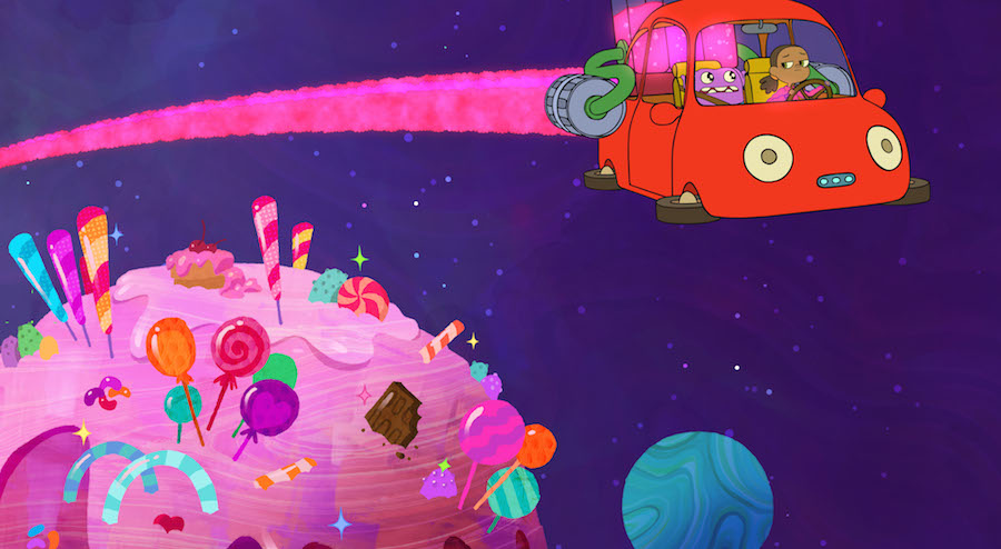 OHandTIPimage001 When Home: Adventures with Tip & Oh premieres on Netflix July 29, Tip and Oh zoom past a moon made of sugar as they journey to the grand Gorg Birthday celebration.