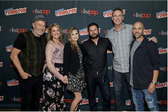 Psych NYCC From Left to Right: Corbin Bernsen, Kirsten Nelson,Maggie Lawson, James Roday, Creator and Director Steve Franks, and Executive Producer Chris Henze
Photo by: Cindy Ord/USA NETWORK
