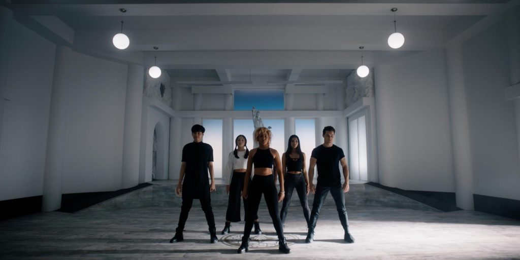(L to R: Mickeey Nguyen (Mags), Devyn Nekoda (Sage), Robyn Alomar (Aliyah), Akiel Julien (Bohdi),  Humberly González (Brooklyn), and Robbie Graham-Kuntz (Tempo) rehearse their routine for the group Exemplar performance.  Photo Courtesy: Sonar Entertainment/Hulu) 