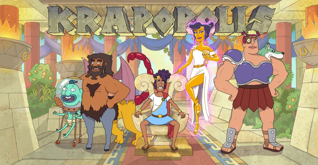 KRAPOPOLIS: A new animated comedy that centers on a flawed family of humans, gods and monsters that tries to run one of the world’s first cities without killing each other. KRAPOPOLIS is set to premiere in 2022 on FOX. L-R: Hippocampus (Duncan Trussell), Shlub (Matt Berry), Tyrannis (Richard Ayoade), Deliria (Hannah Waddingham) and Stupendous (Pam Murphy). © 2021 by FOX Media LLC.