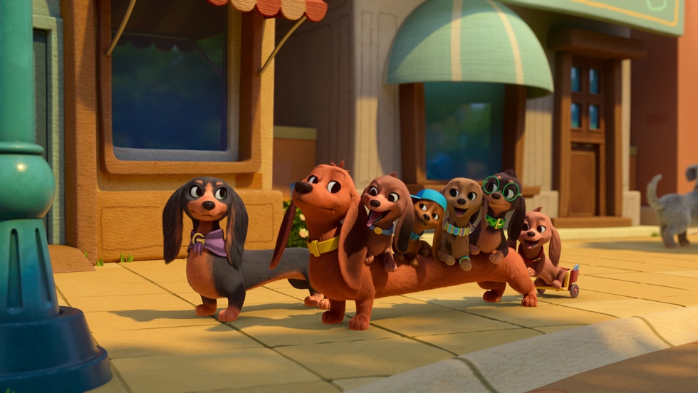 Pretzel (voiced by Mark Duplass), Greta (voiced by Nasim Pedrad), Paxton (voiced by Milo Stein), Poppy (voiced by Alex Jayne Go), Puck (voiced by Max Mitchell), Pippa (voiced by Amharic McCoy) and Pedro (voiced by Gracen Newton) in “Pretzel and the Puppies,” premiering globally February 11 on Apple TV+.