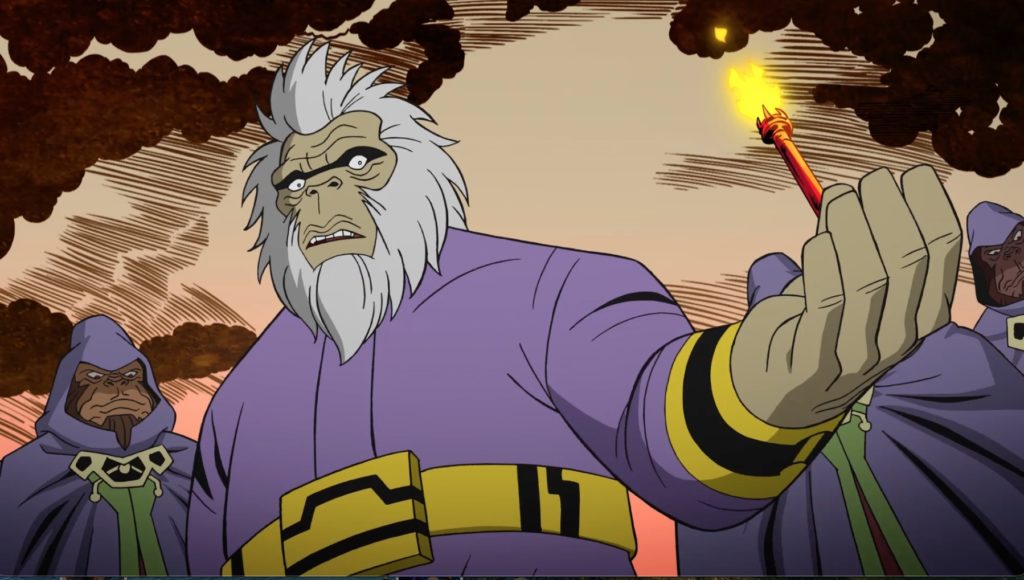 DCS-Kamandi-Golgan Ape clan leader Golgan puts Kamandi and his pals through a battery of physical tests as he attempts to ascertain who will be most fit to find the cult’s departed god, The Mighty One. Goldan is voiced by Steve Blum (Star Wars: Rebels, Cowboy Bebop, Naruto franchise).