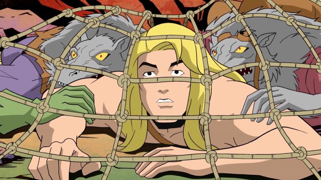 DCS-Kamandi-trapped Kamandi and a few of the humanoid rats get snapped up in a netting trap set by the ape clan in Kamandi, The Last Boy on Earth! Cameron Monaghan (Gotham, Shameless, Reign of the Supermen) provides the voice of Kamandi.