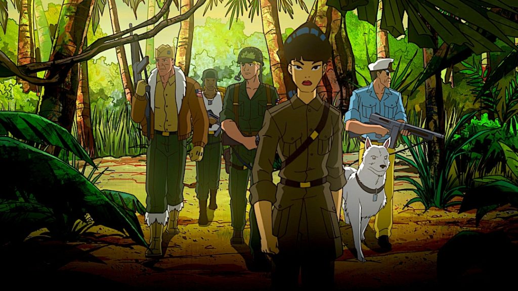 Special Agent Fan Long fighting force – left to right, Johnny Cloud, Henry “Mile A Minute” Jones, Gunner, Pooch and Captain Storm – on a secret mission into the jungles of an uncharted island in the South Pacific. Ming-Na Wen (Agents of S.H.I.E.L.D., The Book of Boba Fett) leads the cast as the mysterious Fan Long, while other standouts include Dean Winters (John Wick, 30 Rock) as Captain Storm, Dave B. Mitchell (Mortal Kombat Legends: Battle of the Realms) as Gunner, Eugene Byrd (Bones, Arrow) as Mile-a-Minute Jones, and Martin Sensmeier (Westworld, The Magnificent Seven) as Johnny Cloud. Special Agent Fan Long fighting force – left to right, Johnny Cloud, Henry “Mile A Minute” Jones, Gunner, Pooch and Captain Storm – on a secret mission into the jungles of an uncharted island in the South Pacific. Ming-Na Wen (Agents of S.H.I.E.L.D., The Book of Boba Fett) leads the cast as the mysterious Fan Long, while other standouts include Dean Winters (John Wick, 30 Rock) as Captain Storm, Dave B. Mitchell (Mortal Kombat Legends: Battle of the Realms) as Gunner, Eugene Byrd (Bones, Arrow) as Mile-a-Minute Jones, and Martin Sensmeier (Westworld, The Magnificent Seven) as Johnny Cloud.