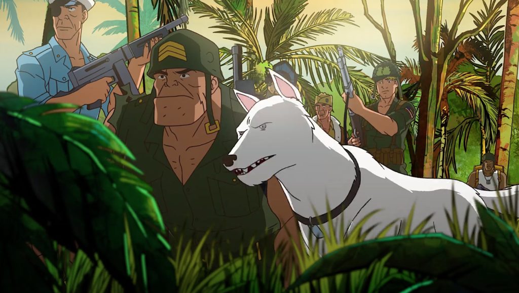 DCS-Losers-Group-4 Making their way through the jungle, the team hears something suspicious in the distance. The group – and the actors voicing them – includes Dean Winters (John Wick, 30 Rock) as Captain Storm, Dave B. Mitchell (Mortal Kombat Legends: Battle of the Realms) as both Gunner & Sarge, Eugene Byrd (Bones, Arrow) as Mile-a-Minute Jones, and Martin Sensmeier (Westworld, The Magnificent Seven) as Johnny Cloud. And, of course, Pooch.
