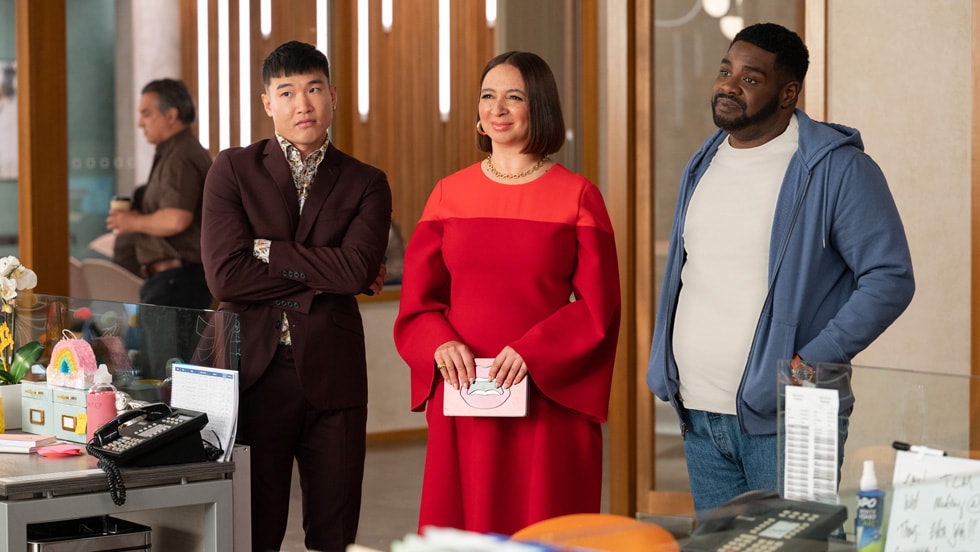 Joel Kim Booster, Maya Rudolph and Ron Funches in “Loot,” premiering globally June 24, 2022 on Apple TV+..jpg.large