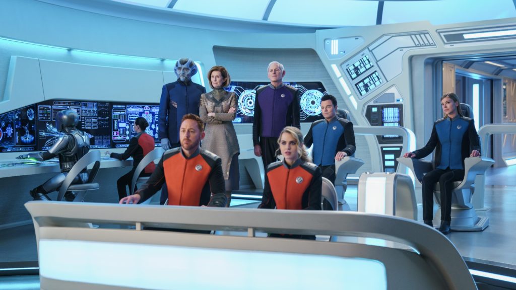 The Orville: New Horizons -- Season 3 - Seth MacFarlane’s epic space adventure series “The Orville” returns exclusively as a Hulu original series. Set 400 years in the future, “The Orville: New Horizons” finds the crew of the U.S.S. Orville continuing their mission of exploration, as they navigate both the mysteries of the universe and the complexities of their own interpersonal relationships. The ensemble cast includes MacFarlane, Adrianne Palicki, Penny Johnson Jerald, Scott Grimes, Peter Macon, J. Lee, Mark Jackson, Chad L. Coleman, Jessica Szohr and Anne Winters. “The Orville: New Horizons” is produced by 20th Television and Fuzzy Door. The series was created and written by Seth MacFarlane. MacFarlane, Brannon Braga, David A. Goodman, Jon Cassar, Jason Clark and Howard Griffith serve as executive producers. President Alcuzan (Bruce Boxleitner), Lt. Gordon Malloy (Scott Grimes), Speria Balask (Lisa Banes), Admiral Halsey (Victor Garber), Charly Burke (Anne Winters), Capt. Ed Mercer (Seth MacFarlane), Cmdr. Kelly Grayson (Adrianne Palicki) and Isaac (Mark Jackson), shown. (Photo by: Michael Desmondl/Hulu)