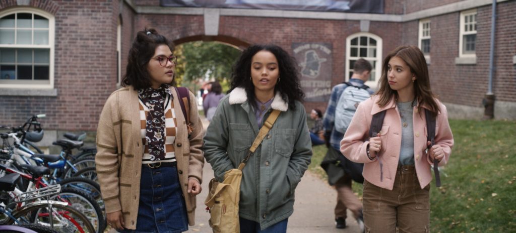 HOCUS POCUS 2 (L-R): Belissa Escobedo as Izzy, Whitney Peak as Becca, and Lilia Buckingham as Cassie in Disney's live-action HOCUS POCUS 2, exclusively on Disney+. Photo courtesy of Disney Enterprises, Inc. © 2022 Disney Enterprises, Inc. All Rights Reserved.