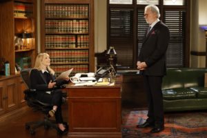 NIGHT COURT -- "The Nighthawks" Episode 102 -- Pictured: (l-r) Melissa Rauch as Abby Stone, John Larroquette as Dan Fielding -- (Photo by: Jordin Althaus/NBC/Warner Bros. Television)